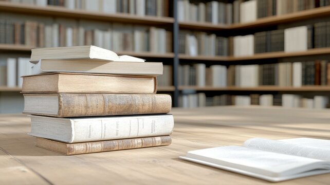 A stack of books and an open book on a wooden table in a library setting. Shelves filled with more books in the background.