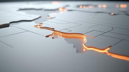 Abstract 3D world map with glowing orange lines representing digital connections and network on textured grey surface.