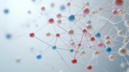 Abstract depiction of molecular structures with various colorful spheres linked by subtle lines on a soft background.