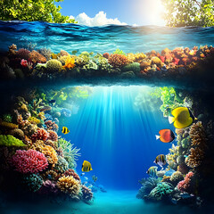 Fototapeta premium Vibrant coral reef underwater scene, tropical trees above, sunlight beams, ocean life. Ideal for travel, nature, environmental brochures