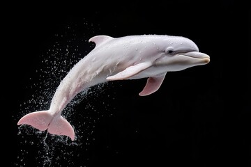 Chinese white dolphin mid-leap, pinkish skin tones, realistic water droplets, isolated.