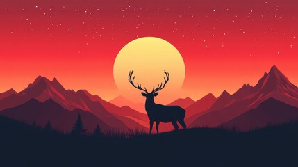 Majestic Deer Silhouette with Sunset Mountains.