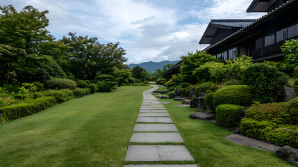 Fototapeta premium Stone Pathway Through Green Lush Garden With Trees And Building In Daytime With Clouded Sky