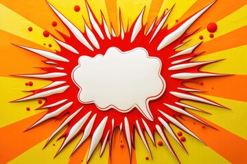 Bright Red 3D Comic Speech Bubble in White, Yellow and Orange Stripes.