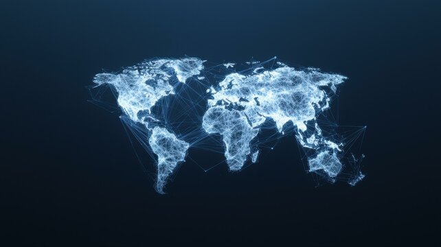 Digital world map in blue tones, showcasing global connections and network across continents in futuristic design.