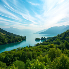 Enchanting scene at Gerosa Lake with the misty outlines of the Sibillini mountains in the background and the two greenery-filled shores converging perspectively under a cyan sky with very fine clouds