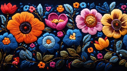Colorful Embroidery Pattern Featuring Blooming Flowers high resolution picture