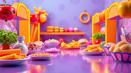 Bright colorful playful cartoon food arrangement on a reflective surface