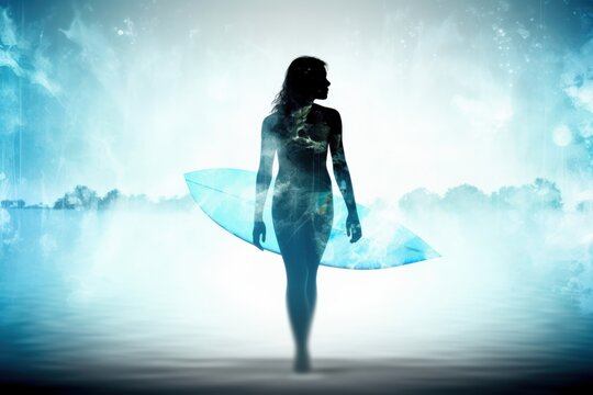 Surfer girl walking on water with surfboard in dreamlike landscape