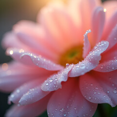 A close-up of morning dew on pastel-colored flower petals, with sunlight creating a soft glow.