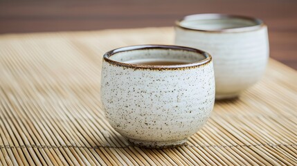Obraz premium Elegant Ceramic Tea Cups on Natural Bamboo Mat with Minimalist Style