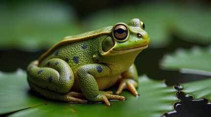 Fototapeta premium A vibrant green toad with sharply defined features perched on a large contrasting lily pad, surrounded by still water with light reflections