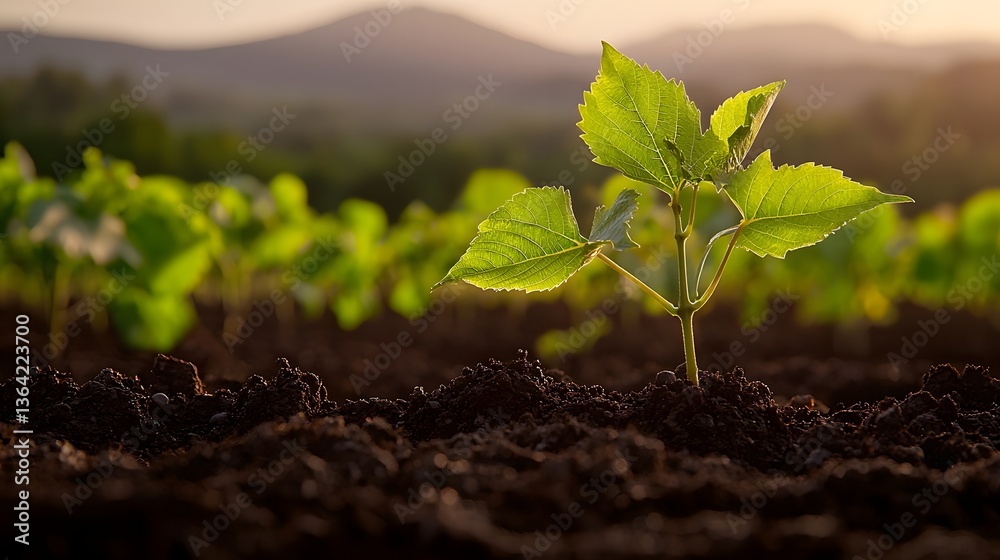 Poster lush grapevine foliage thriving in the rich textured soil of an idyllic vineyard landscape capturing