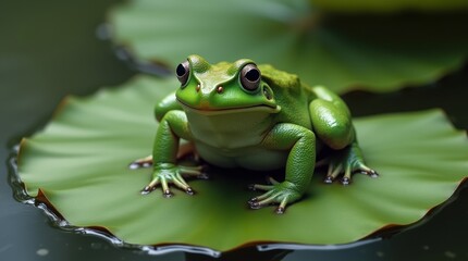 Naklejka premium A vibrant green toad with sharply defined features perched on a large contrasting lily pad, surrounded by still water with light reflections