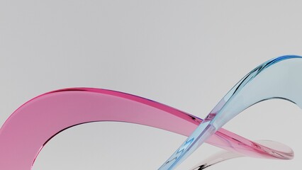 3D Abstract Translucent Pink And Light Blue on light background, gradient glass with dispersion, Iridescent design element for banner background.