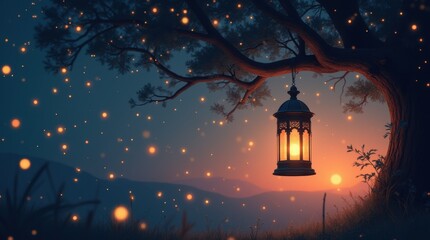 A whimsical scene featuring a glowing lantern hanging from a tree branch with dozens of tiny fireflies floating in the air, under a starry twilight sky