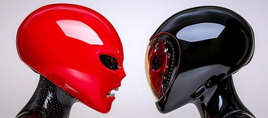 Two stylized futuristic alien heads facing each other closely