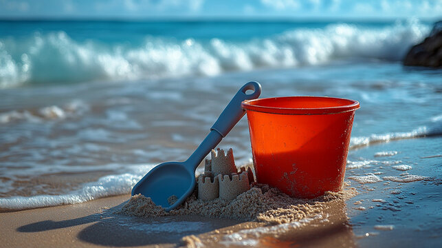 red plastic bucket with a gray shovel filled with a sandcastle on a tropical beach near ocean waves, symbolizing childhood play, summer vacation, and carefree moments