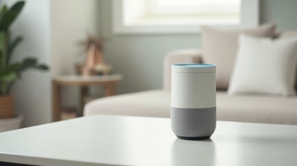 A wide-angle view of a cylindrical smart speaker with a soft blue LED ring, placed on a white tabletop, surrounded by minimal decor in a bright