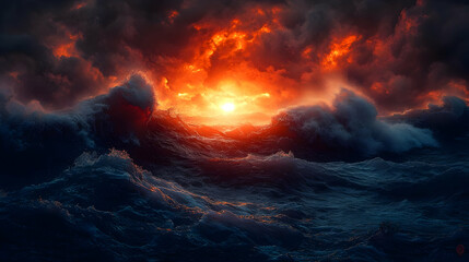 Naklejka premium Dramatic Seascape with Orange Clouds at Sunset Reflecting on Blue Water Waves