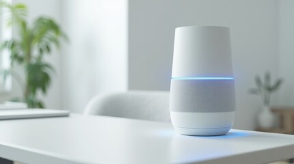 A wide-angle view of a cylindrical smart speaker with a soft blue LED ring, placed on a white tabletop, surrounded by minimal decor in a bright