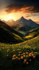 Golden Sunrise over Majestic Mountains   Wildflower Meadow