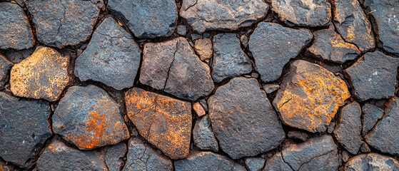 Obraz premium A textured surface of irregular stones featuring dark shades and rusty hues, highlighting natural rock formations and geological patterns.