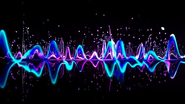 Vibrant neon sound waves in blue and purple create a dynamic, futuristic video concept. Low-angle view enhances the immersive visual experience. Live desktop wallpaper.
