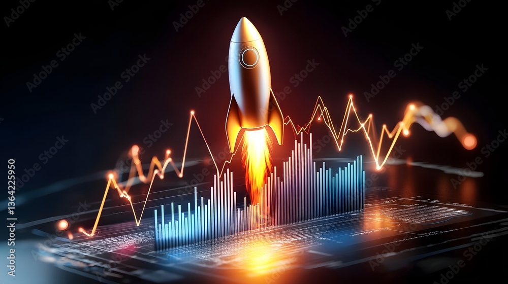 Aufkleber Sleek and modern digital success visualization featuring a glowing rocket ascending in sync with bar charts bathed in dynamic light trails and neon reflections