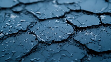 Dark Blue Cracked Surface with Water Droplets Close Up