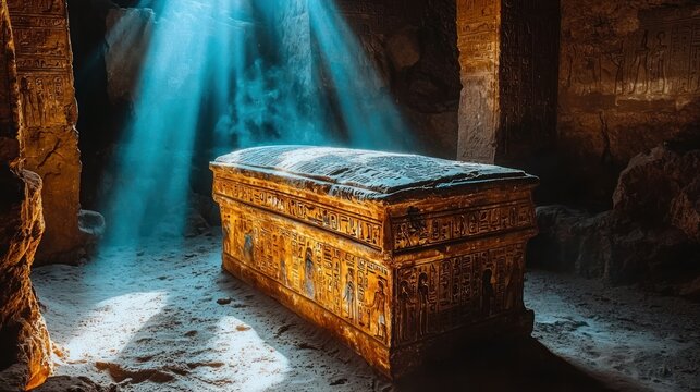 Ancient tomb with golden sarcophagus bathed in ethereal sunbeams, dusty floor