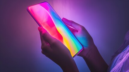 Hands holding a modern smartphone with a vibrant rainbow glow dark environment, image represents futuristic technology, digital communication, entertainment, and innovative mobile devices.