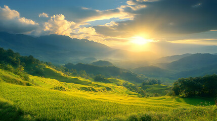 Naklejka premium Lush Green Valley with Forested Mountains Under a Radiant Sunset in Golden Hour With Dramatic Sky and Natural Sunlight