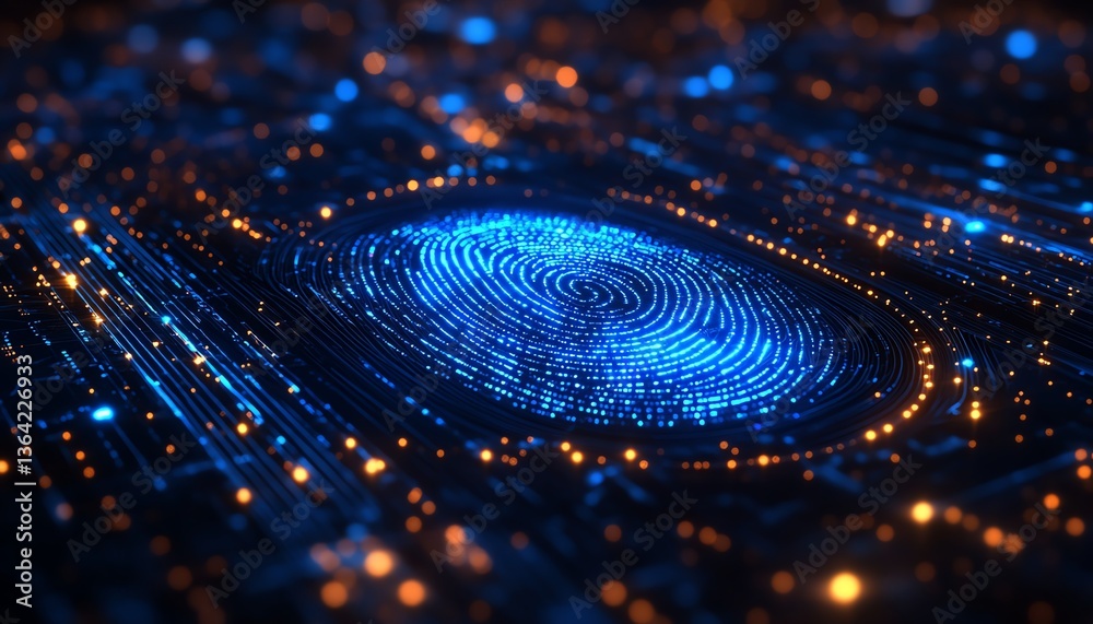 Aufkleber a luminous blue fingerprint with twinkling lights, set on a dark background with digital lines and a