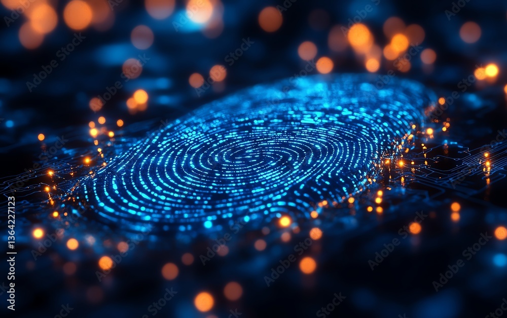 Fototapete A vibrant digital blue fingerprint with shimmering lights, illuminated on a dark backdrop, glowing circuits and data streams, futuristic and abstract, hightech cyber aesthetic