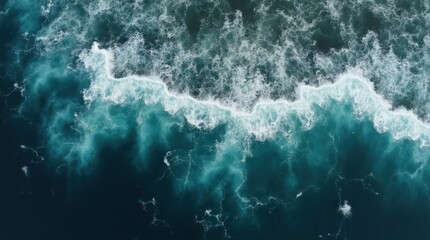 An aerial view of a stormy ocean with swirling patterns of dark blue and grey waves colliding, white foam highlighting dynamic movement