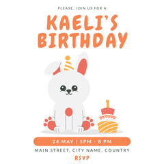 Greeting and invitation card for kids first Birthday party. Cute baby rabbit and cake number 1 in flat childrens style. Vector illustration, design for card, poster, banner