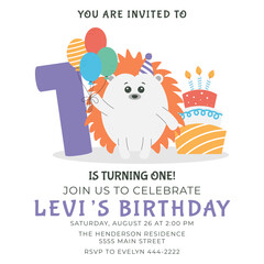 Greeting invitation card for first kids Birthday party. Cute baby hedgehog,cake,balloons,number 1 in flat childrens style. Vector illustration, design for card, poster, banner