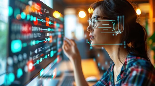 Artificial intelligence system processing digital payment through facial recognition technology, woman in smart home environment using voice command to approve transaction. Future financial security.