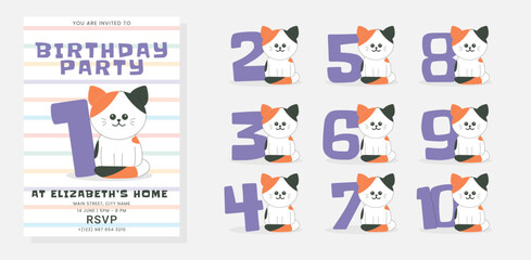 Fototapeta premium Greeting and invitation card for kids Birthday party. Cute baby cat and set of number with kitten in flat childrens style. Vector illustration, design for card, poster, banner