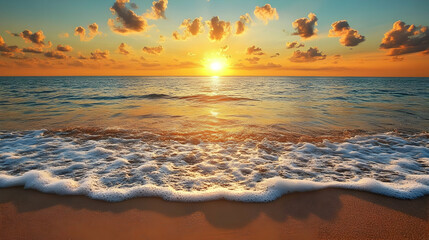 Pixelated Ocean Sunset with Golden Light and Cloudscape Above Wavy Water Along Sandy Beach Shoreline in Abstract Style