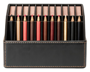 Colorful pencils neatly arranged in a box on a transparent background