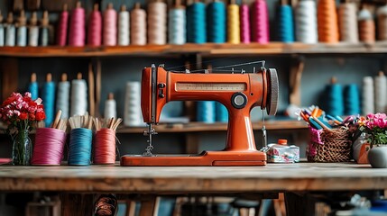 Fototapeta premium Vintage sewing machine on wooden table with colorful threads.