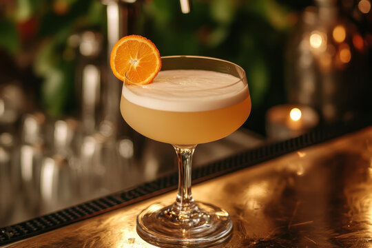 Cocktail garnished with orange slice.