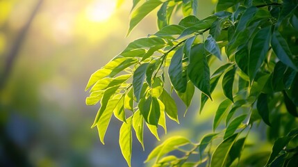  The lush green leaves of a pepper tree illuminated by the warm, soft morning light, with a slightly misty background. 