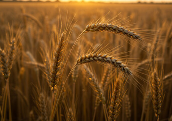 Golden Wheat Field at Sunset with Soft Light Highlighting the Ripe Grain Stalks