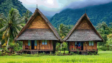 Obraz premium Two Rustic Thatched Roof Huts in a Green Meadow with Mountains in Background Under a Bright Daylight in Rural Area