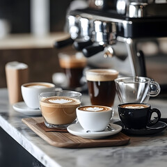 An artistic coffee presentation with a selection of espresso drinks, stylish cups, and a modern caf&eacute; setting.