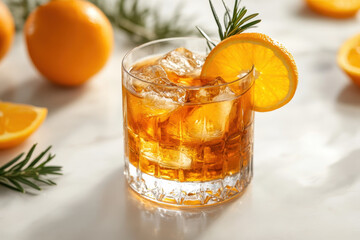 A glass of orange juice with ice and a slice of orange.