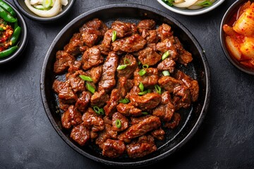 Fototapeta premium A sizzling dish of tender beef slices garnished with green onions, accompanied by side dishes of vegetables and kimchi, served in a hot stone bowl.